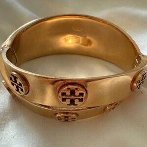 Tory Burch Metal Logo Double Hinge Wrap Bangle Bracelet Gold Tone